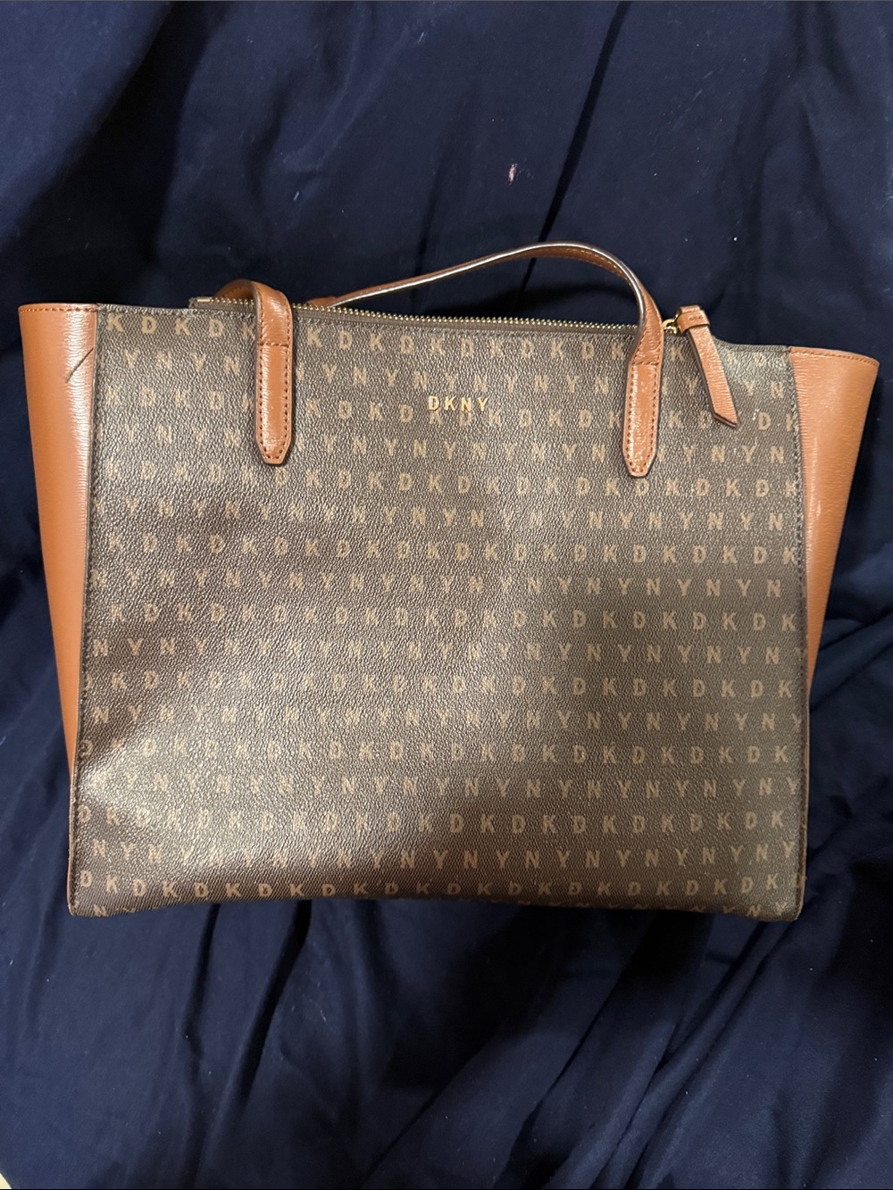 DKNY Brown Signature Monogram Tote with Tan Trim